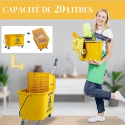 Chariot de ménage chariot de lavage nettoyage professionnel essoreuse latérale seau 20L poignée et serpillère jaune