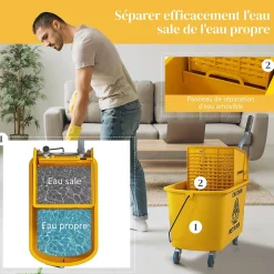 Chariot de ménage chariot de lavage nettoyage professionnel essoreuse latérale seau 20L poignée et serpillère jaune