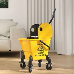 Chariot de ménage chariot de lavage chariot de nettoyage avec essoreuse à pression seau 26L et serpillère jaune