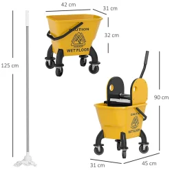 Chariot de ménage chariot de lavage chariot de nettoyage avec essoreuse à pression seau 26L et serpillère jaune