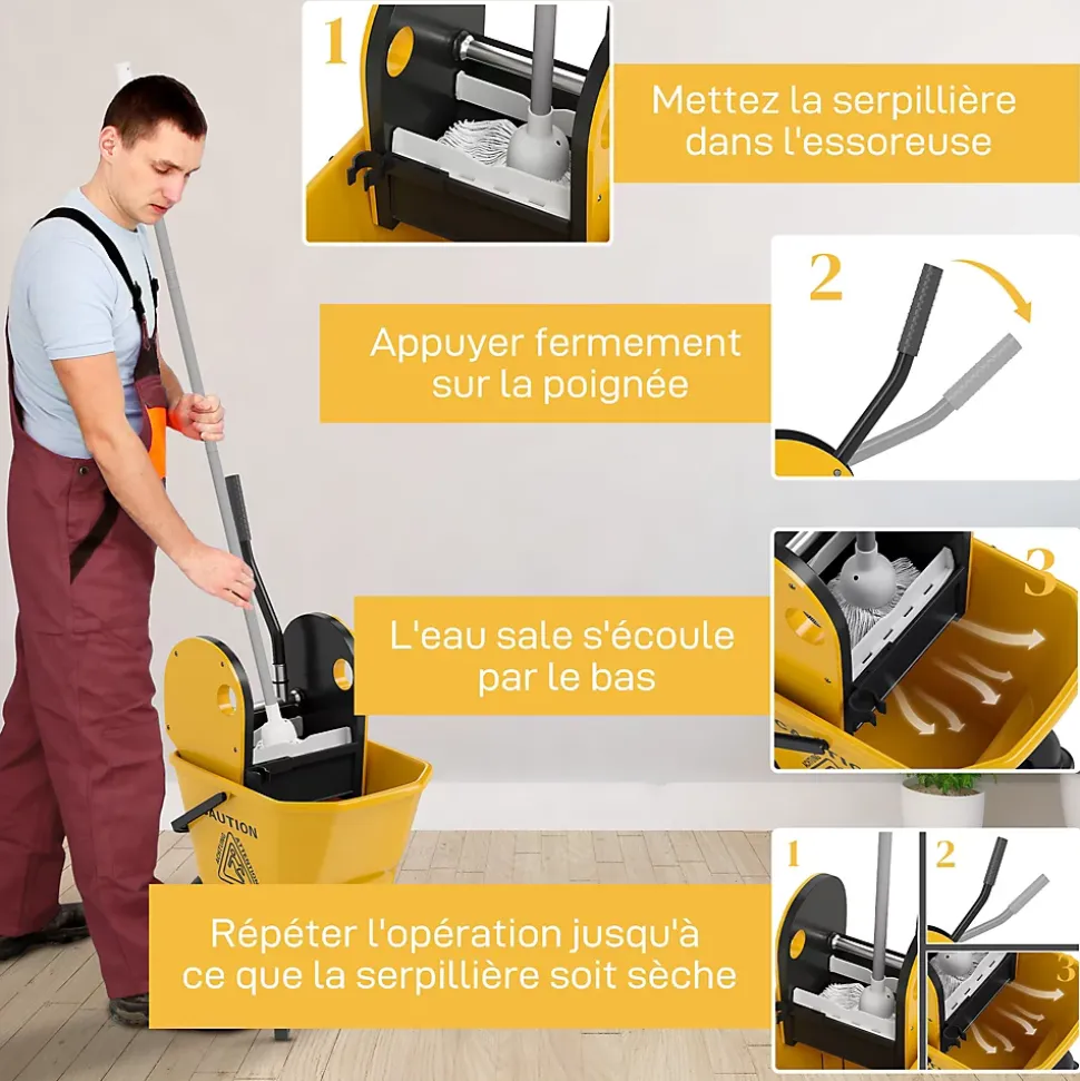 Chariot de ménage chariot de lavage chariot de nettoyage avec essoreuse à pression seau 26L et serpillère jaune