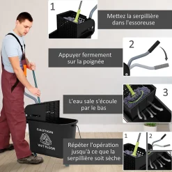 Chariot de nettoyage lavage seau de ménage 20 L avec essoreur et séparateur eau sale propre noir