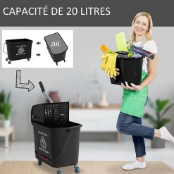 Chariot de nettoyage lavage seau de ménage 20 L avec essoreur et séparateur eau sale propre noir