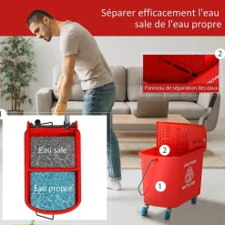 Chariot de nettoyage lavage seau de ménage 20 L avec essoreur et séparateur eau sale propre rouge