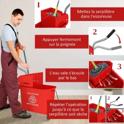 Chariot de nettoyage lavage seau de ménage 20 L avec essoreur et séparateur eau sale propre rouge