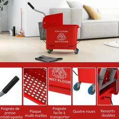 Chariot de nettoyage lavage seau de ménage 20 L avec essoreur et séparateur eau sale propre rouge