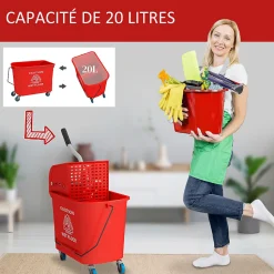 Chariot de nettoyage lavage seau de ménage 20 L avec essoreur et séparateur eau sale propre rouge