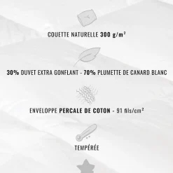 Couette naturelle - Tempérée - 30% duvet 300 g/m² 260x240 cm NEVADA