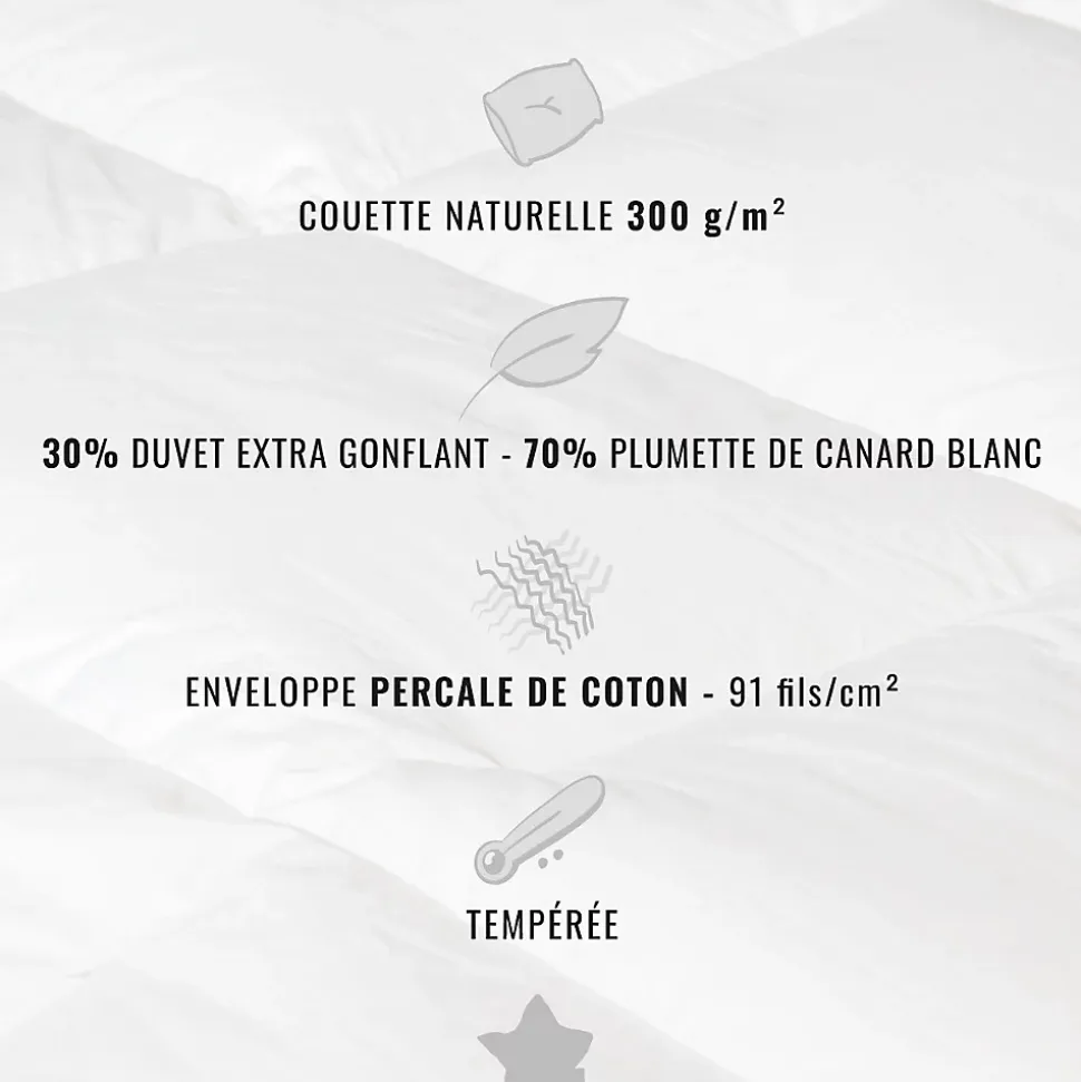 Couette naturelle - Tempérée - 30% duvet 300 g/m² 140x200 cm NEVADA