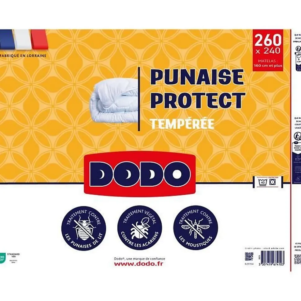 Couette tempérée DODO 240x260 cm - 2 personnes - Protection anti punaise, anti acarien - 300G/m² - Blanc - Fabriqué en France