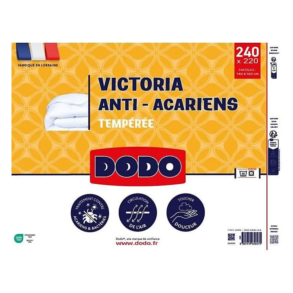 Couette Victoria 220x240 cm - DODO - temperée - garnissage 100% Polyester - 2 personnes - blanc