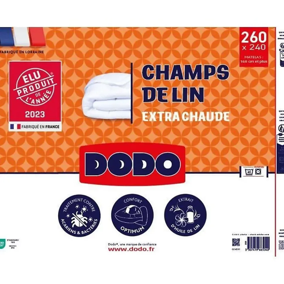 Couette 240x260 cm DODO CHAMPS DE LIN - Chaude - 450G/m² - Couette 2 personnes -Douce et Chaude -Anti-acariens Antibactériens