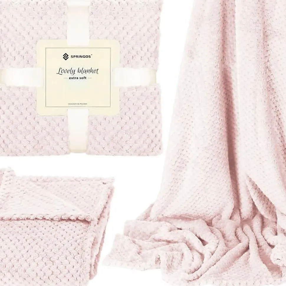 Couverture - SPRINGOS - 200 x 220 cm - Polyester - Vieux rose - Motif coquillages