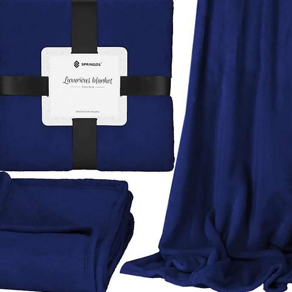 Couverture - SPRINGOS - 200x220 cm - Bleu royal - 100% polyester - Douce et chaude
