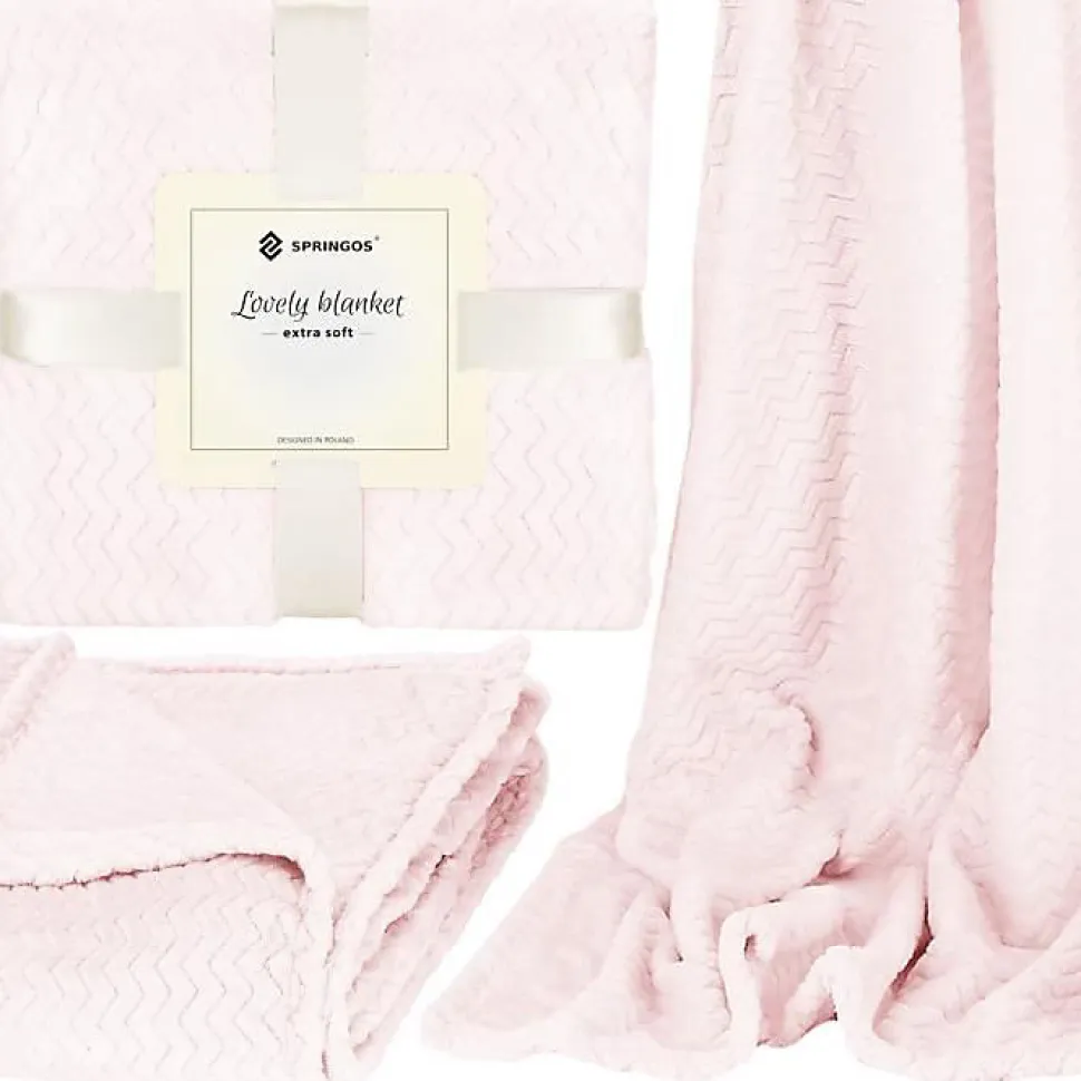 Couverture - SPRINGOS - Zigzag - 130 x 180 cm - Rose pastel - Douce et chaude