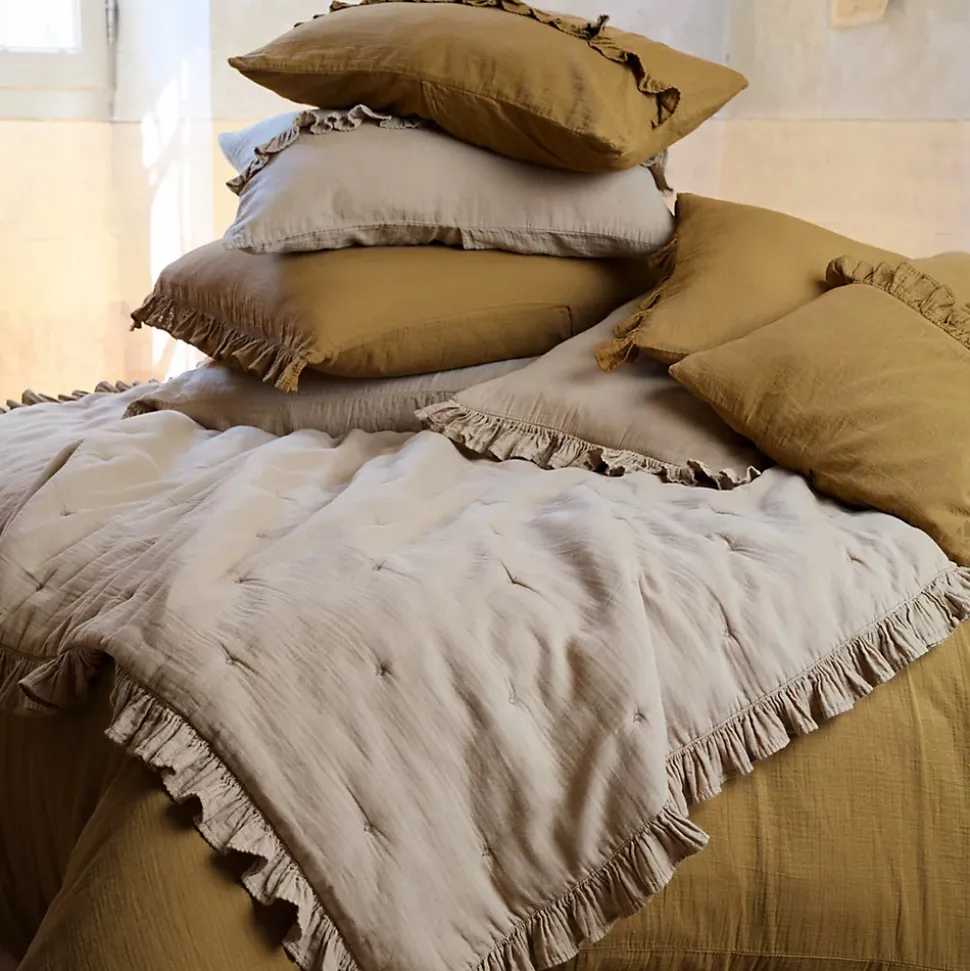 Couverture courtepointe en mousseline de coton 150x150 cm + 5 cm ELZA marron foin