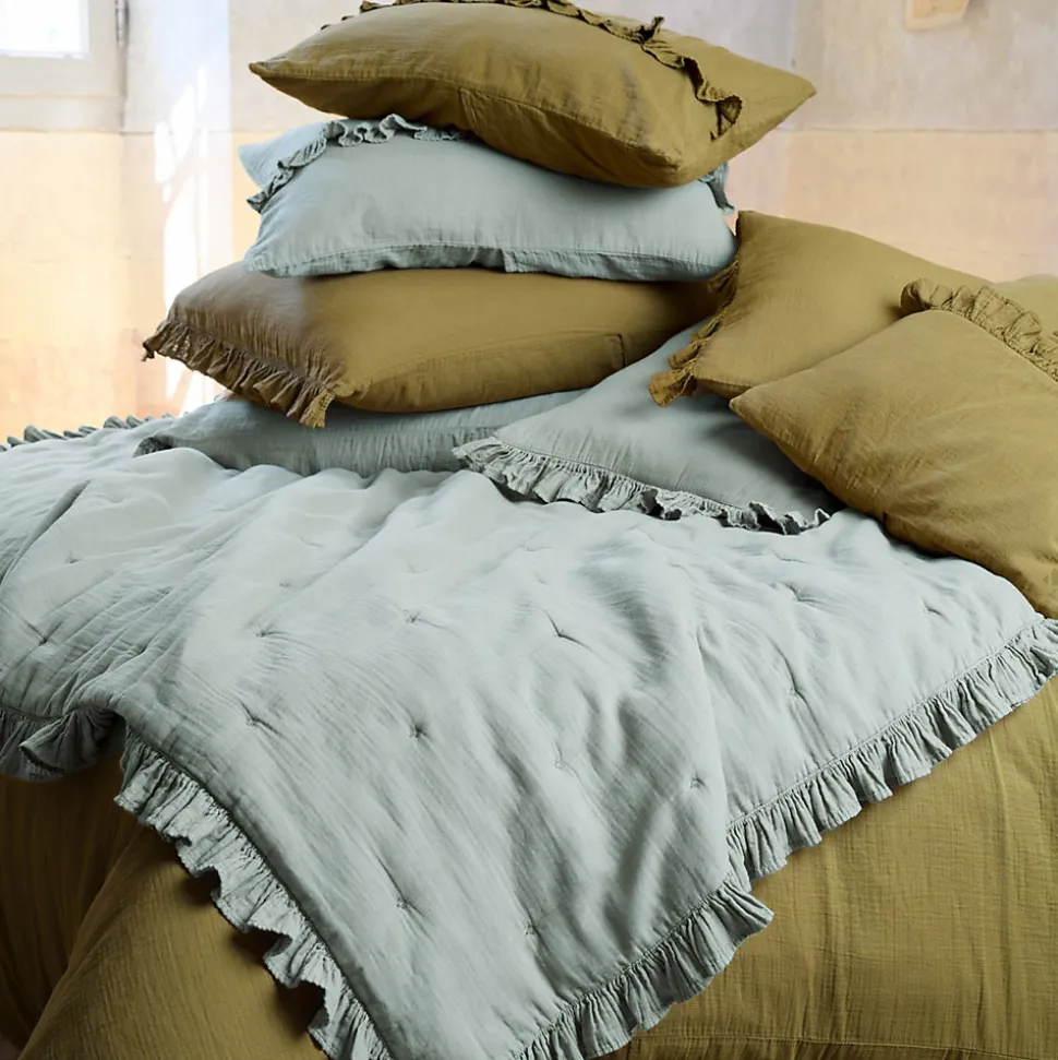 Couverture courtepointe en mousseline de coton 150x150 cm + 5 cm ELZA gris lichen