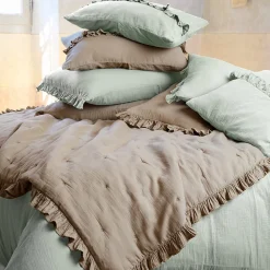 Couverture courtepointe en mousseline de coton 150x150 cm + 5 cm ELZA gris lichen