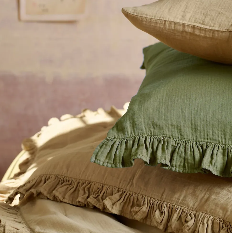 Couverture courtepointe en mousseline de coton 150x150 cm + 5 cm ELZA vert mousse