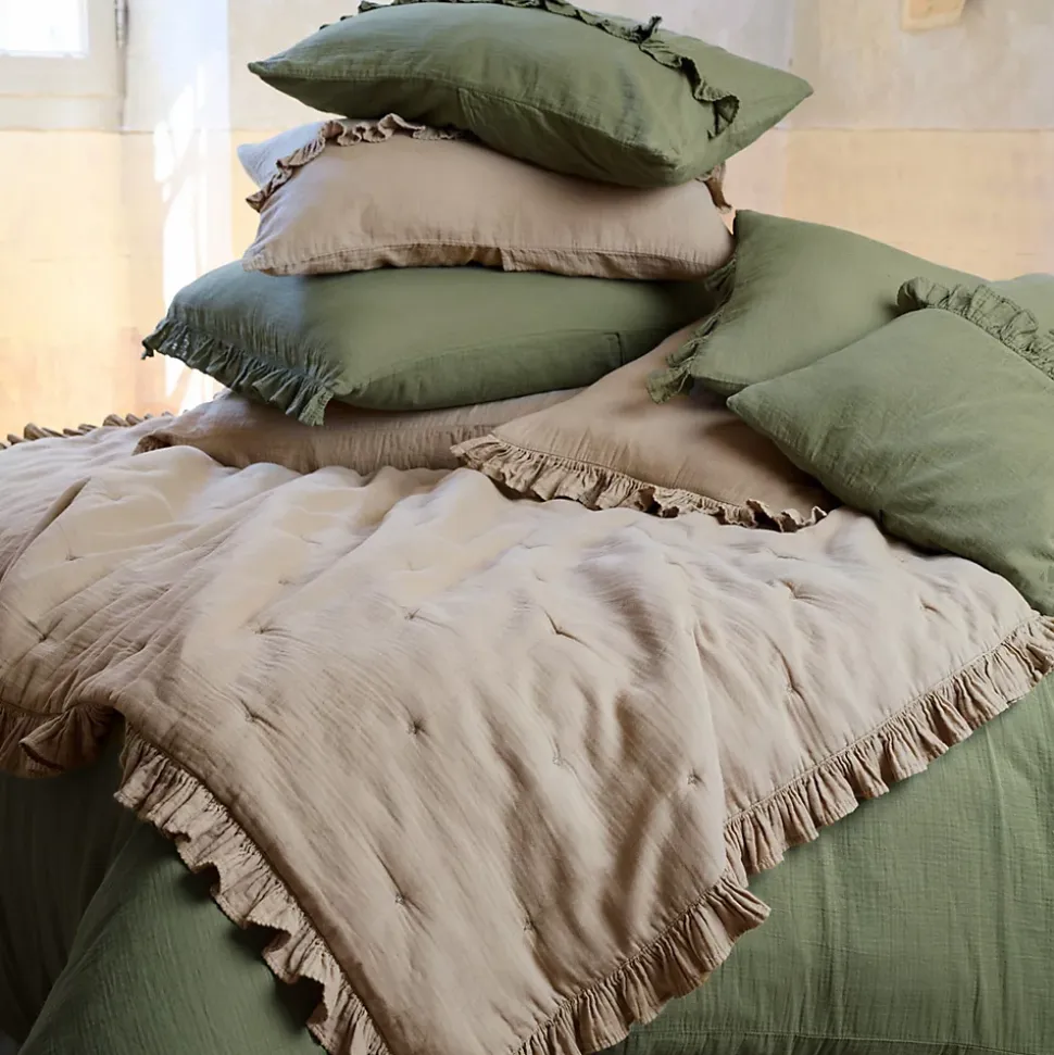 Couverture courtepointe en mousseline de coton 150x150 cm + 5 cm ELZA vert mousse