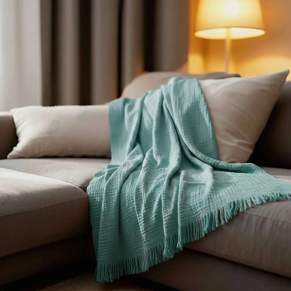 Couverture plaid 100% coton bleu turquoise avec franges 130x170cm BITALD - SACASA