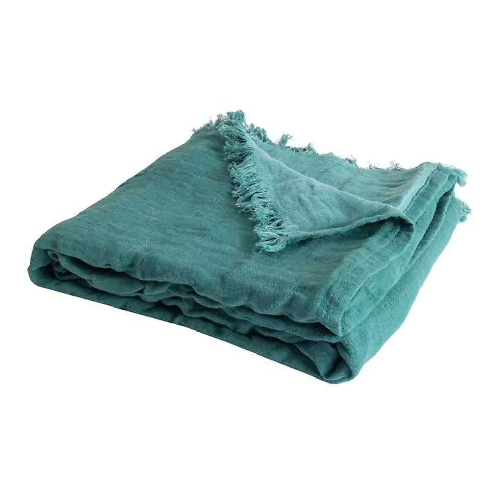 Couverture plaid 100% coton bleu turquoise avec franges 130x170cm BITALD - SACASA