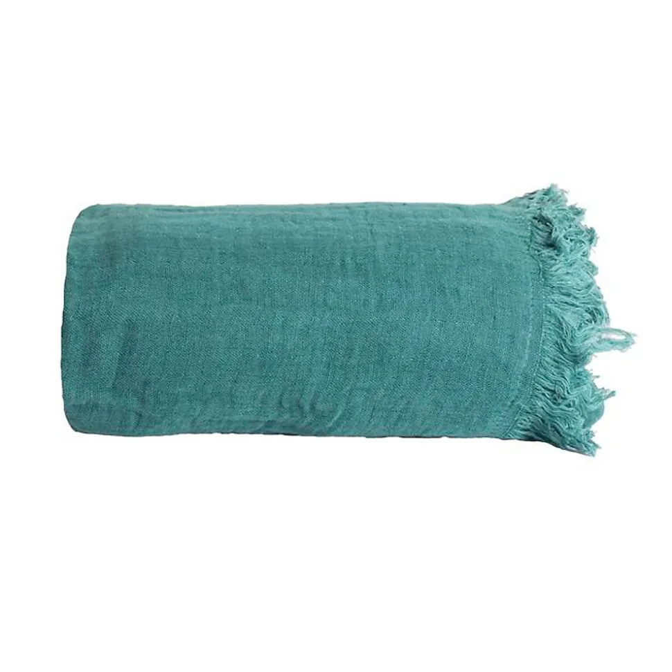 Couverture plaid 100% coton bleu turquoise avec franges 130x170cm BITALD - SACASA