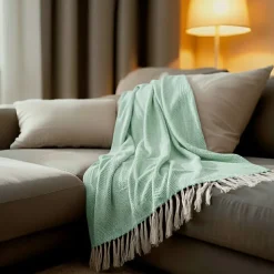 Couverture plaid 100% coton bleu turquoise avec franges 180x220cm ZIGORA - SACASA