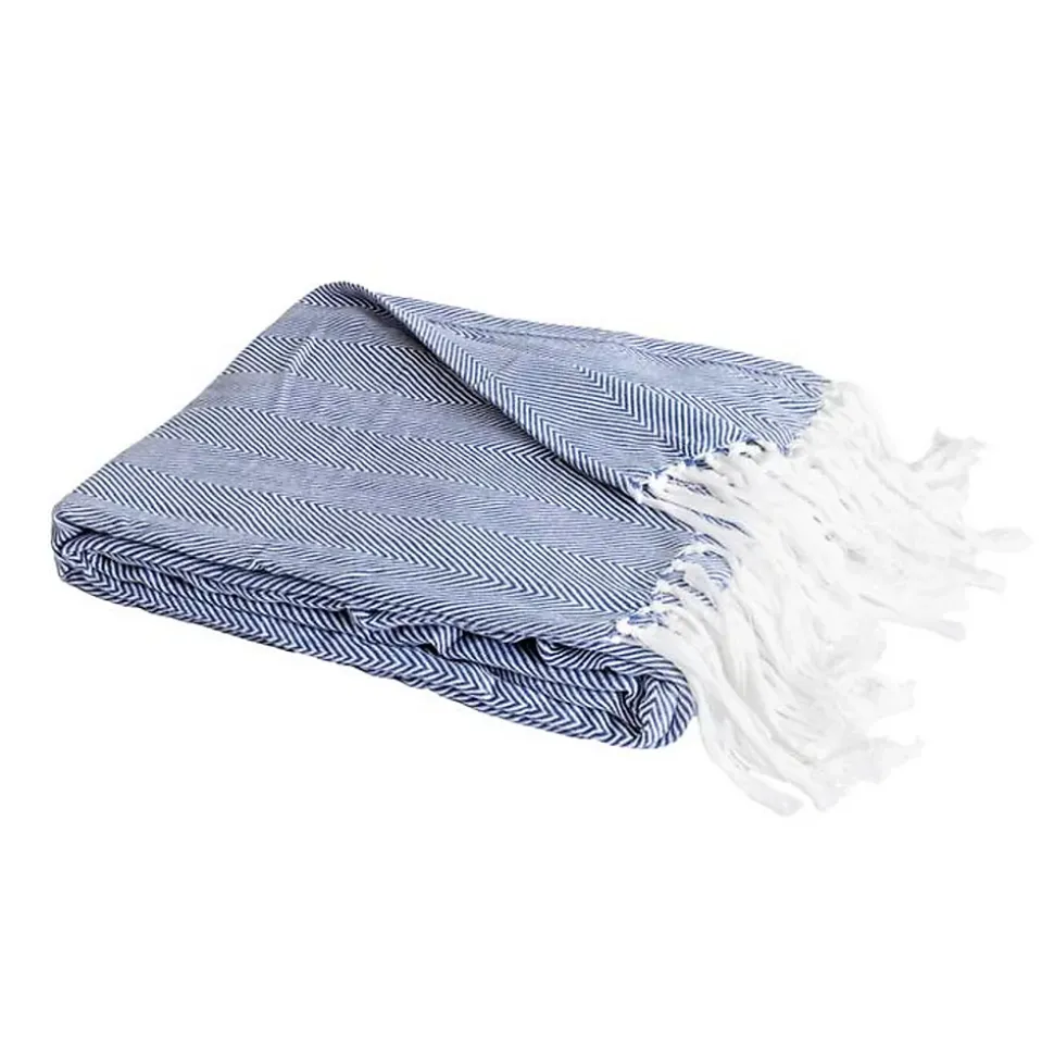 Couverture plaid 100% coton bleu marine avec franges 180x220cm ZIGORA - SACASA