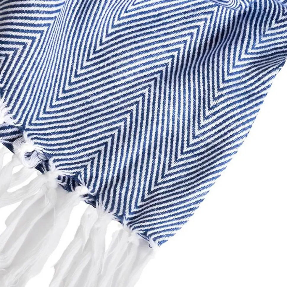 Couverture plaid 100% coton bleu marine avec franges 180x220cm ZIGORA - SACASA