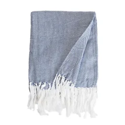 Couverture plaid 100% coton bleu marine avec franges 180x220cm ZIGORA - SACASA