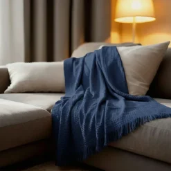 Couverture plaid 100% coton bleu marine avec franges 130x170cm BITALD - SACASA