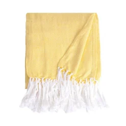 Couverture plaid 100% coton jaune avec franges 180x220cm ZIGORA - SACASA