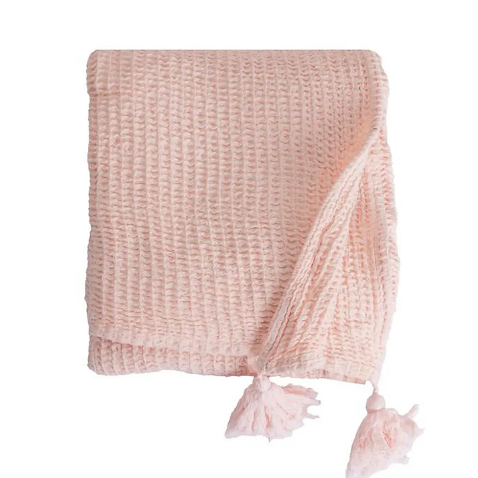 Couverture plaid 100% coton rose pâle avec pompons 130x170cm ARNISKA - SACASA