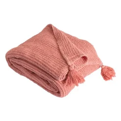 Couverture plaid 100% coton rose saumon avec pompons 130x170cm ARNISKA - SACASA