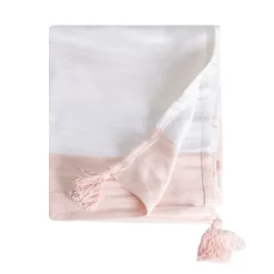 Couverture plaid 100% coton rose pâle avec pompons 130x170cm SLAVANN - SACASA