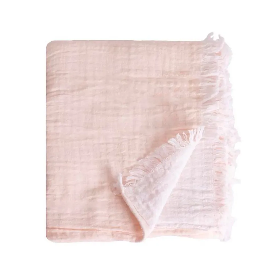 Couverture plaid 100% coton rose pâle avec franges 130x170cm BITALD - SACASA