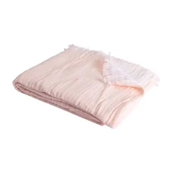Couverture plaid 100% coton rose pâle avec franges 130x170cm BITALD - SACASA