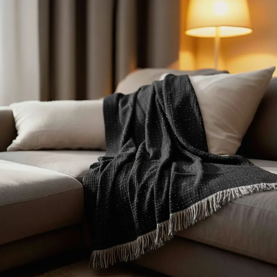 Couverture plaid BITALD en coton 100 % - Noir avec franges - 130x170 cm - SACASA