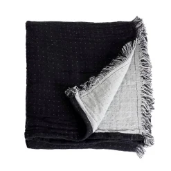 Couverture plaid BITALD en coton 100 % - Noir avec franges - 130x170 cm - SACASA