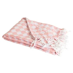 Couverture plaid DROPALL en coton 100% - Rose saumon et blanc avec franges - SACASA