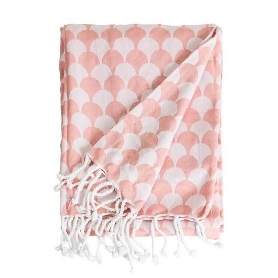 Couverture plaid DROPALL en coton 100% - Rose saumon et blanc avec franges - SACASA