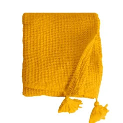 Couverture plaid jaune en coton 100% avec franges - 130x170 cm - SACASA