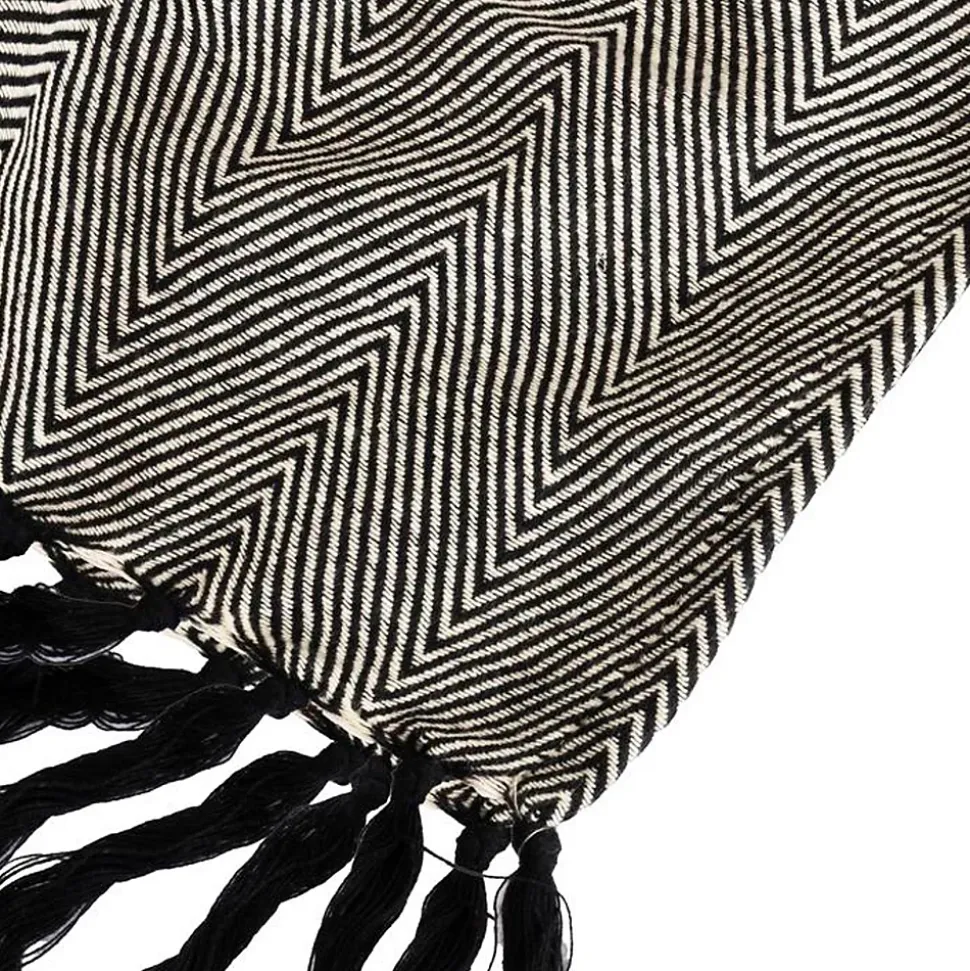 Couverture plaid ZIGORA en coton 100 % - Noir avec franges 180x220 cm - SACASA