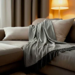 Couverture plaid ZIGORA en coton 100 % - Noir avec franges 180x220 cm - SACASA