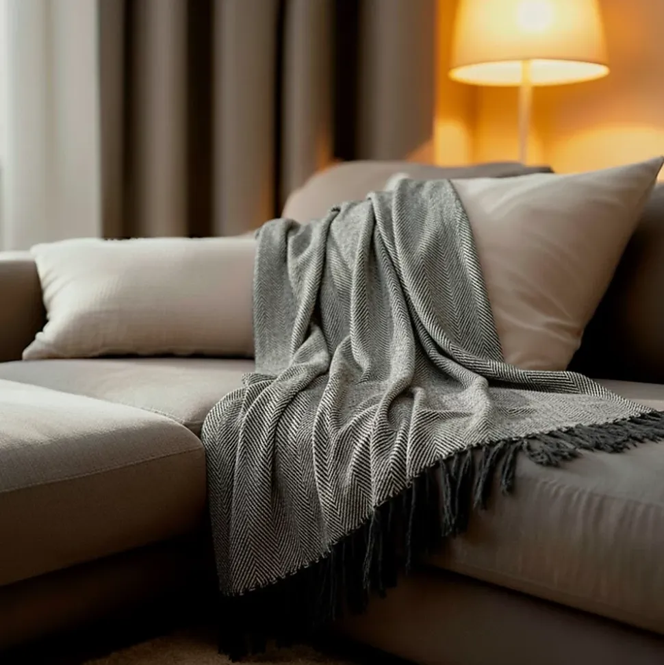 Couverture plaid ZIGORA en coton 100 % - Noir avec franges 180x220 cm - SACASA