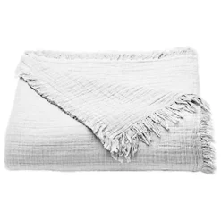 Couvre lit à franges "Brehat" Gaze de Coton stonewashed Toison d'or - Brehat Blanc - 230 x 250 cm