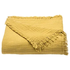 Couvre lit à franges "Brehat" Gaze de Coton stonewashed Toison d'or - Brehat Miel - 270 x 250 cm