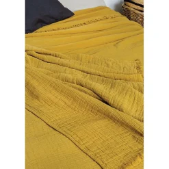 Couvre lit à franges "Brehat" Gaze de Coton stonewashed Toison d'or - Brehat Miel - 180 x 250 cm