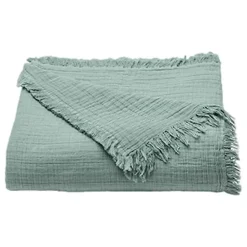 Couvre lit à franges "Brehat" Gaze de Coton stonewashed Toison d'or - Brehat Lichen - 230 x 250 cm